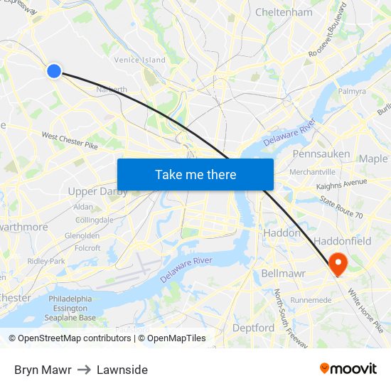 Bryn Mawr to Lawnside map