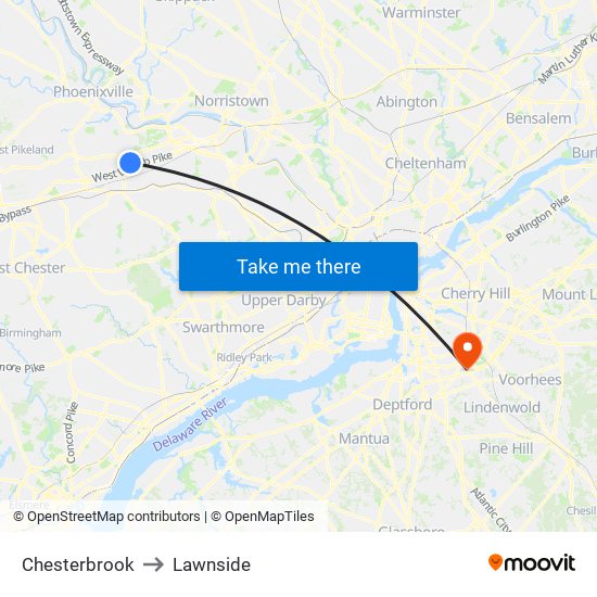 Chesterbrook to Lawnside map