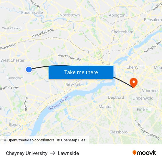 Cheyney University to Lawnside map