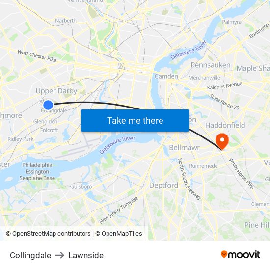 Collingdale to Lawnside map