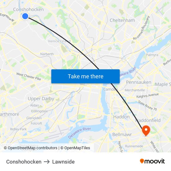 Conshohocken to Lawnside map