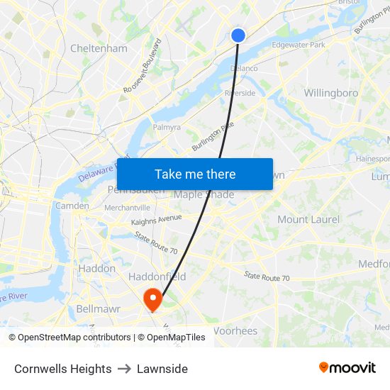 Cornwells Heights to Lawnside map