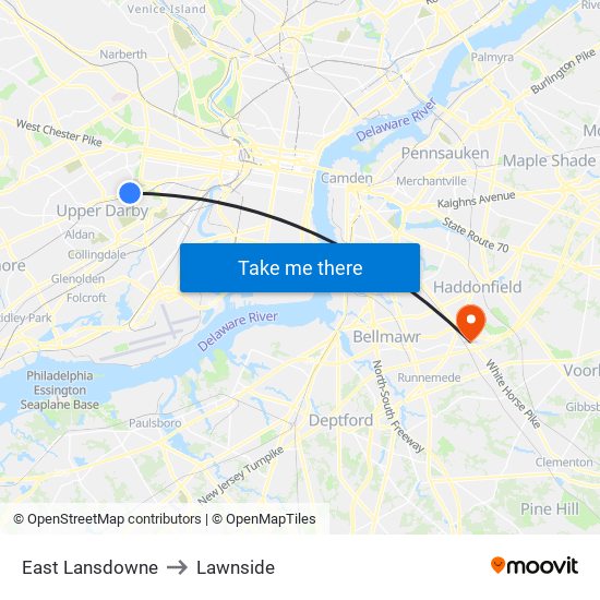 East Lansdowne to Lawnside map
