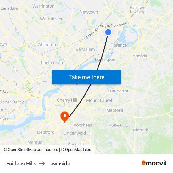 Fairless Hills to Lawnside map