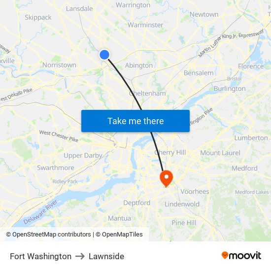 Fort Washington to Lawnside map