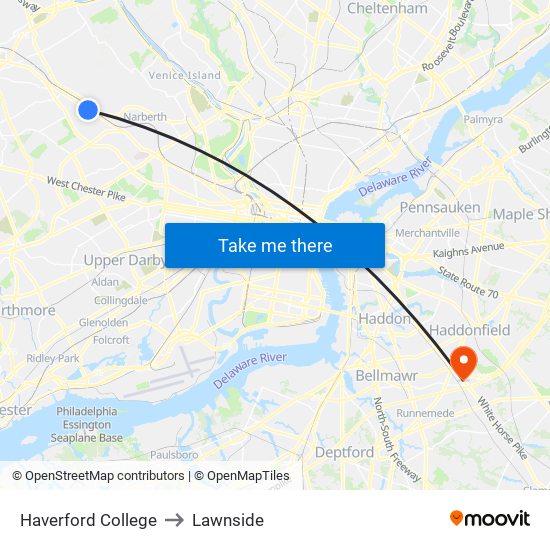 Haverford College to Lawnside map