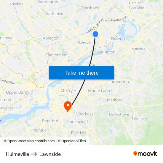 Hulmeville to Lawnside map