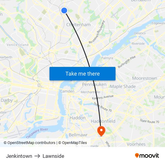 Jenkintown to Lawnside map