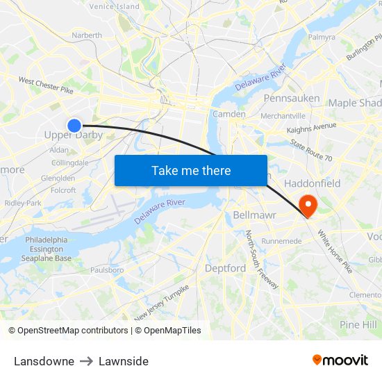 Lansdowne to Lawnside map