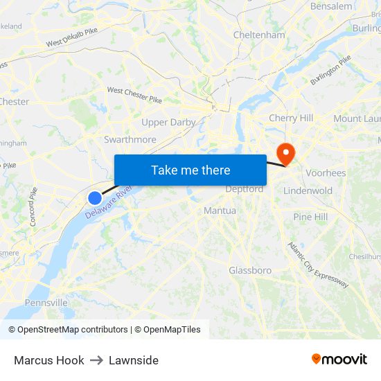 Marcus Hook to Lawnside map