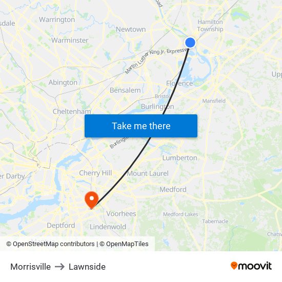 Morrisville to Lawnside map