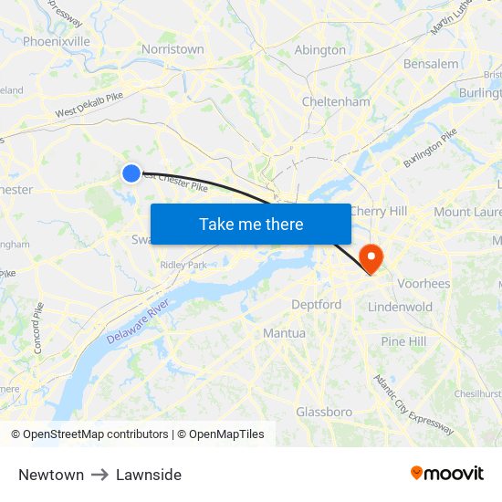 Newtown to Lawnside map