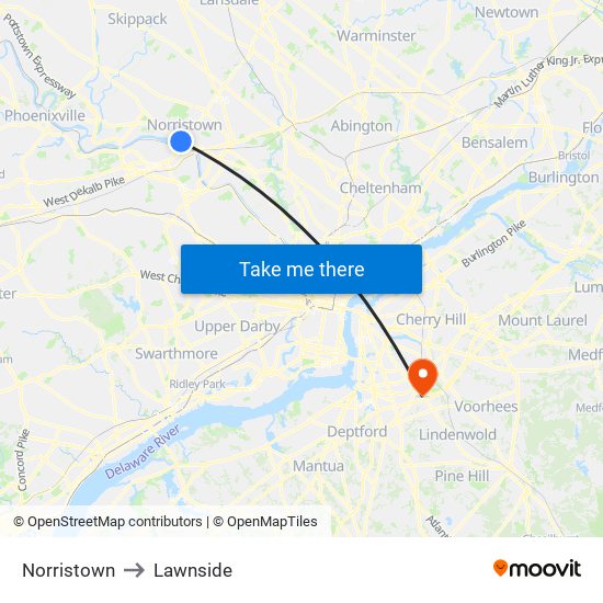 Norristown to Lawnside map