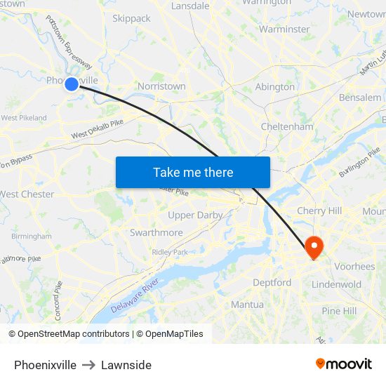 Phoenixville to Lawnside map