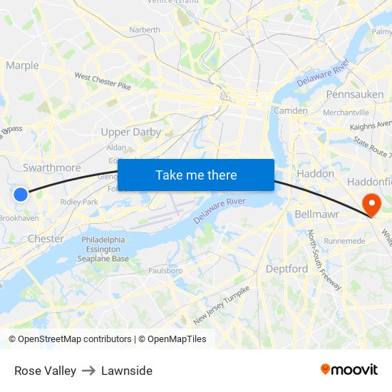 Rose Valley to Lawnside map