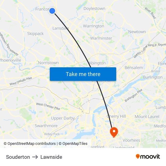 Souderton to Lawnside map