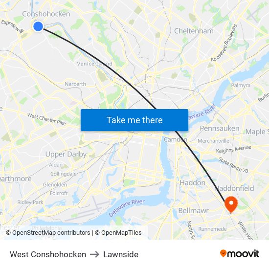 West Conshohocken to Lawnside map