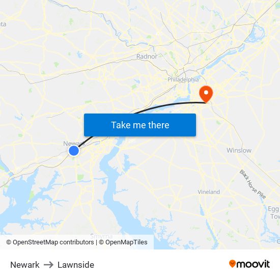 Newark to Lawnside map