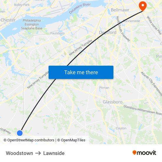 Woodstown to Lawnside map
