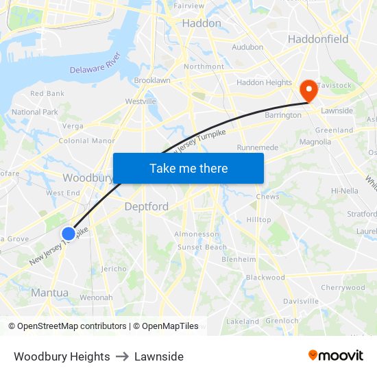Woodbury Heights to Lawnside map