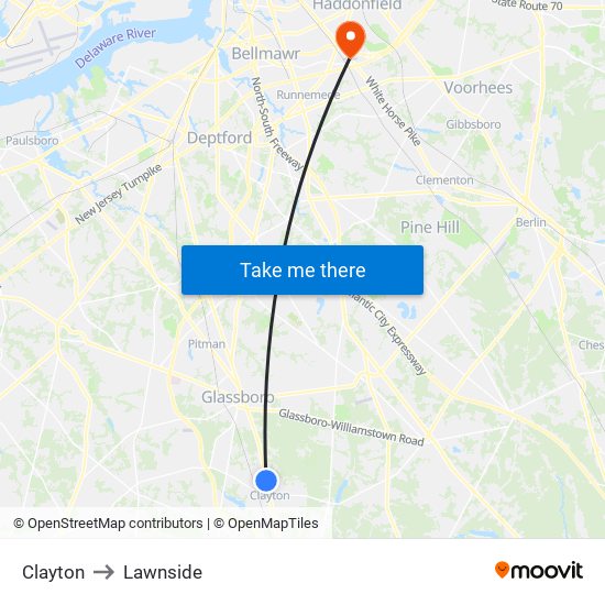 Clayton to Lawnside map