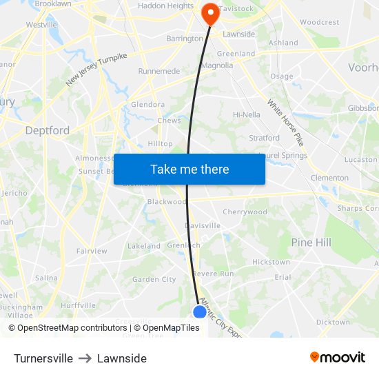 Turnersville to Lawnside map