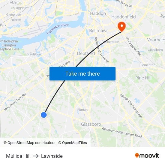 Mullica Hill to Lawnside map