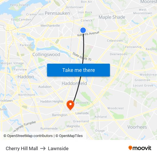 Cherry Hill Mall to Lawnside map