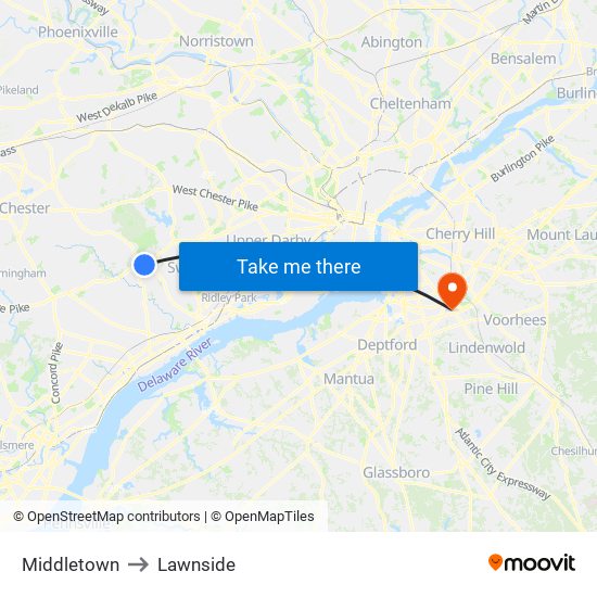 Middletown to Lawnside map