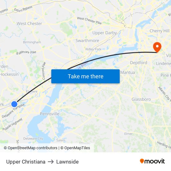 Upper Christiana to Lawnside map