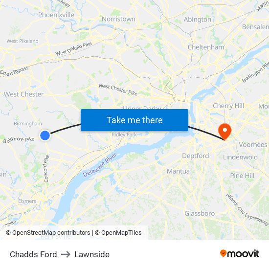 Chadds Ford to Lawnside map