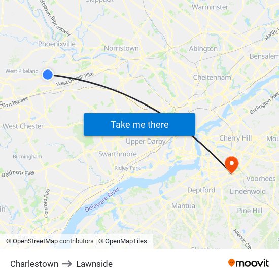 Charlestown to Lawnside map