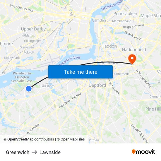 Greenwich to Lawnside map