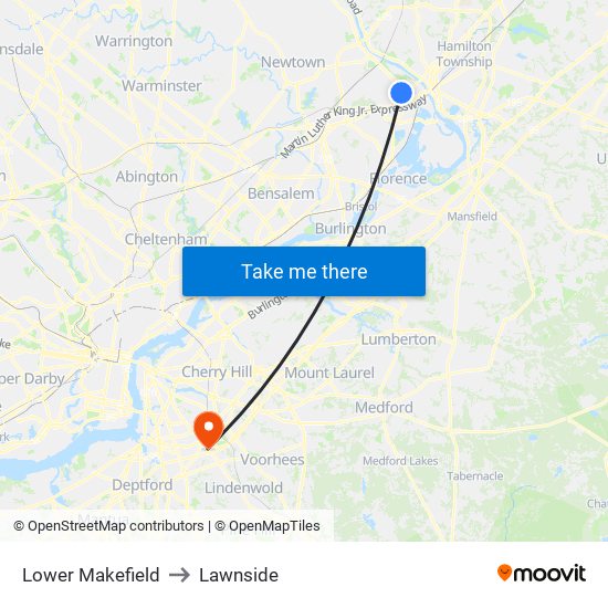 Lower Makefield to Lawnside map