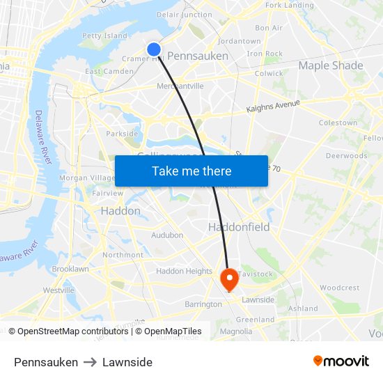 Pennsauken to Lawnside map