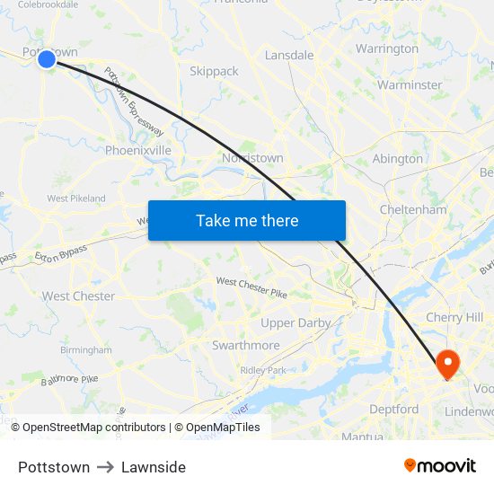 Pottstown to Lawnside map