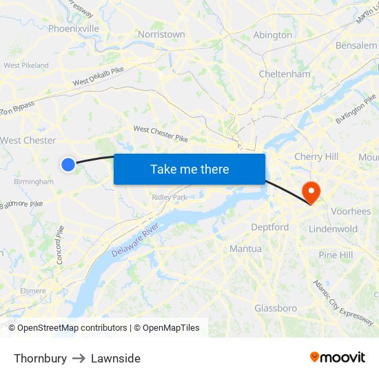 Thornbury to Lawnside map