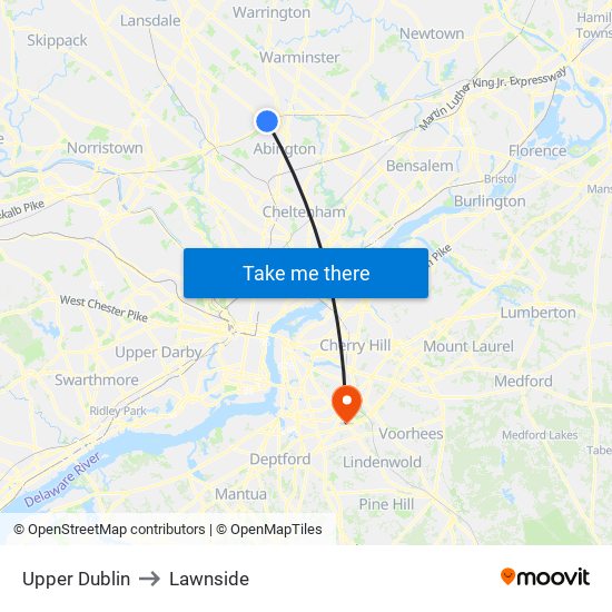 Upper Dublin to Lawnside map