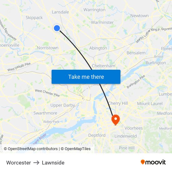 Worcester to Lawnside map