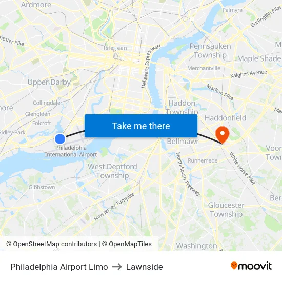 Philadelphia Airport Limo to Lawnside map