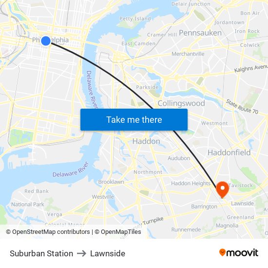 Suburban Station to Lawnside map