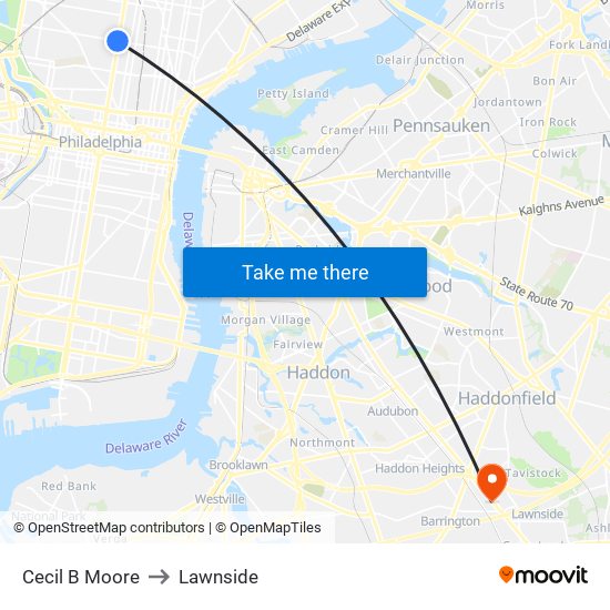 Cecil B Moore to Lawnside map