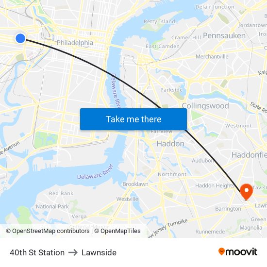 40th St Station to Lawnside map