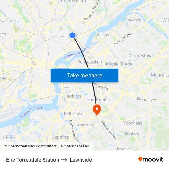 Erie Torresdale Station to Lawnside map