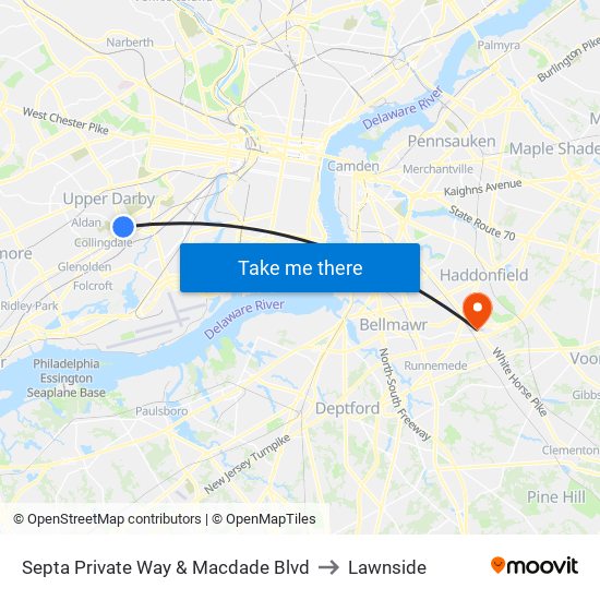 Septa Private Way & Macdade Blvd to Lawnside map