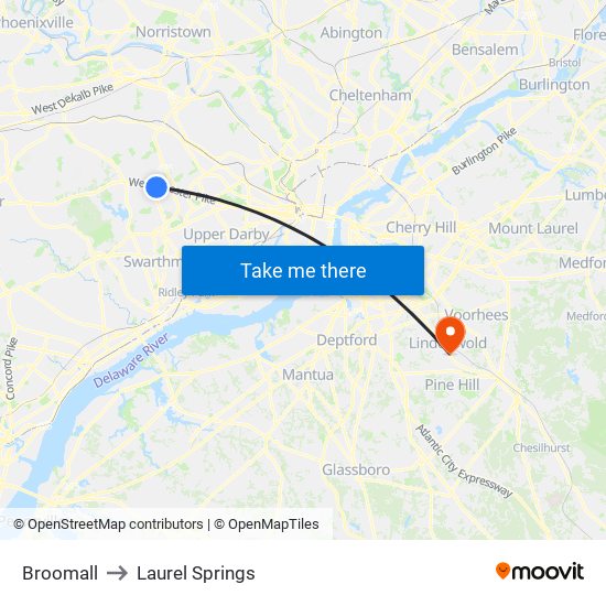 Broomall to Laurel Springs map