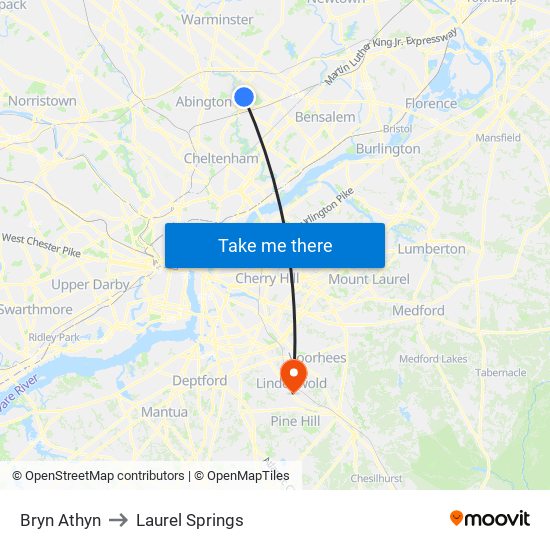 Bryn Athyn to Laurel Springs map