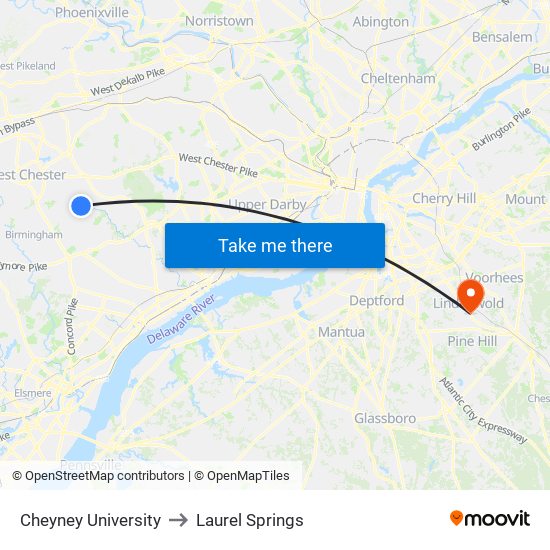 Cheyney University to Laurel Springs map