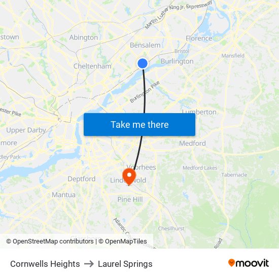 Cornwells Heights to Laurel Springs map