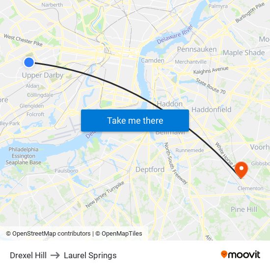 Drexel Hill to Laurel Springs map